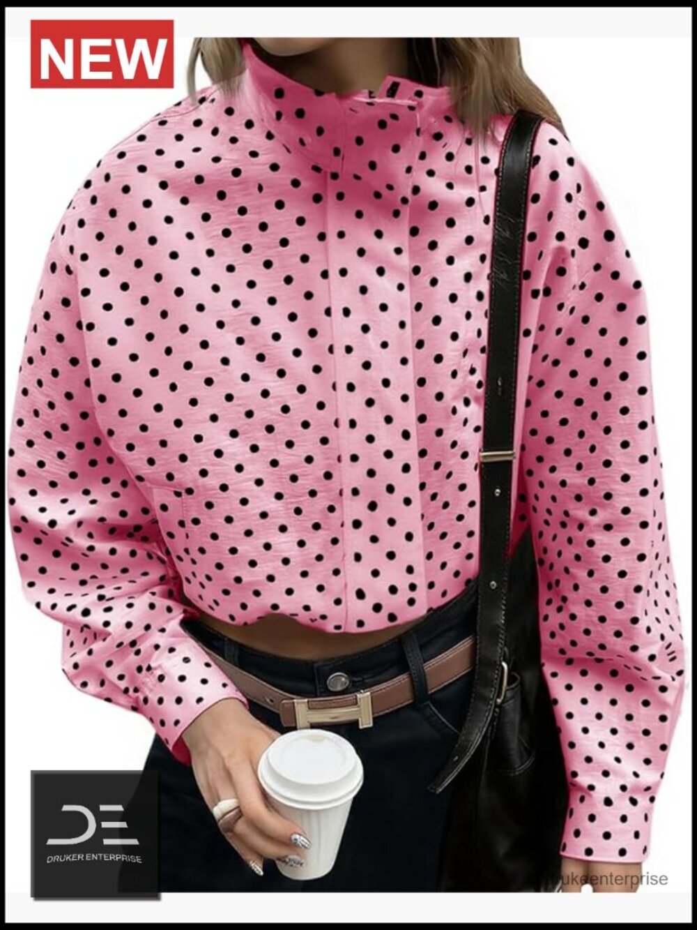 Polka Dot Cropped Zip Up Oversized Jacket Lightweight Casual